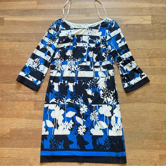 Jessica Howard blue white and black lined 3/4 sleeve shift midi dress sz 10 B12 - Picture 1 of 4